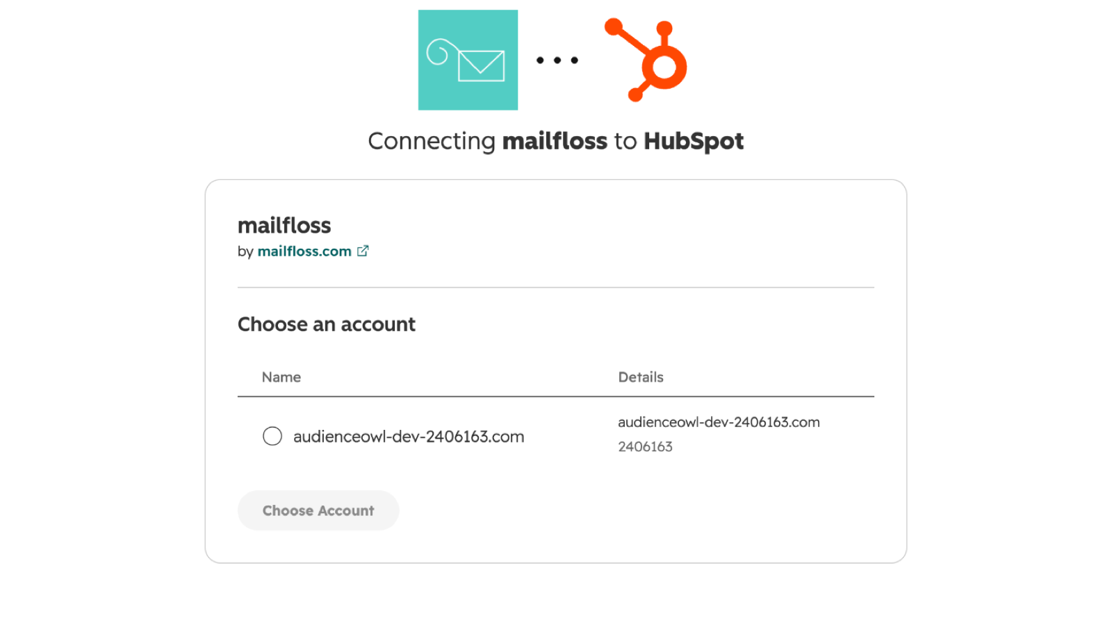 Koppel Mailfloss met een paar muisklikken aan HubSpot: kies het HubSpot-account dat je wilt koppelen